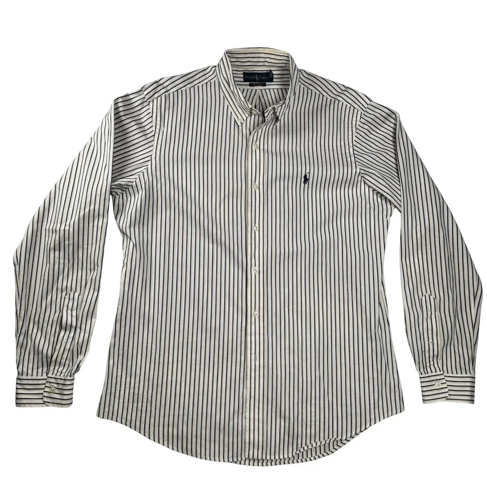 Polo Ralph Lauren Button Down Shirt White Blue Yellow Stripe Custom Fit Cotton L